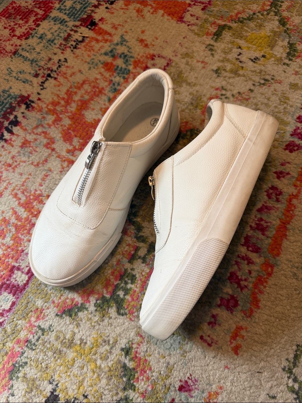 White Zip Front Slip-On Leather Sneakers – Women’s Size 8